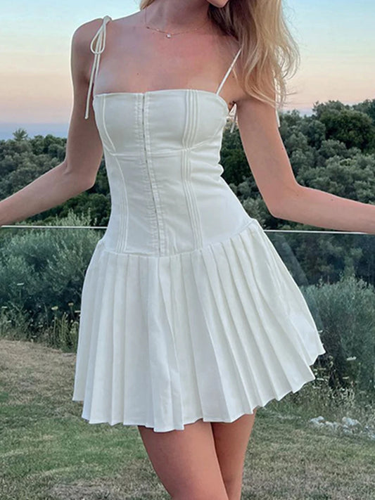 Sweet French Style White Spaghetti Straps a Line Pleated Dresses for Front Hook Closure Fit and Flare Mini Dress