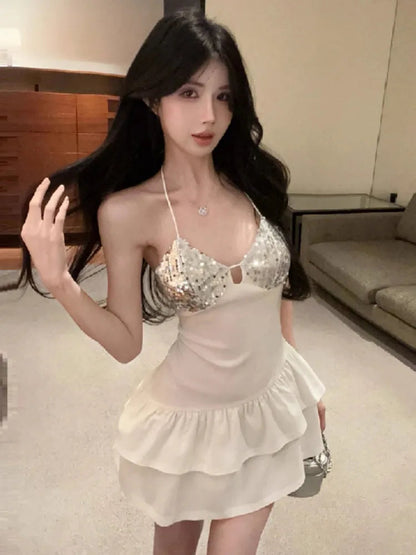 Dress Woman Patchwork Sequins Sleeveless Slim Backless Irregular Ruffles Hollow Out Party Mini Dresses