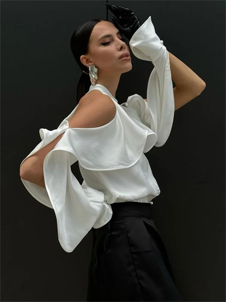 White Ruffled Shirts Top for Patchwork Off-shoulder High Waist Female Summer Blouse