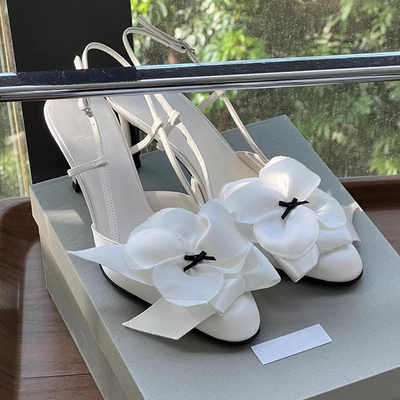 White Flower Sandals Round Toe Black Bow Detail Hollow Slingback Buckle Stiletto Heels Summer Party Dress Shoes