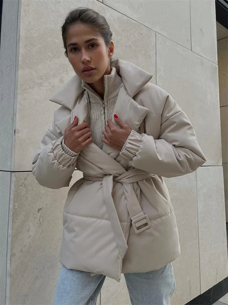 Winter Lace-up Pocket Parkas Outwear Female V-neck Loose Long Sleeve High Waist Bandage Coat Outwear