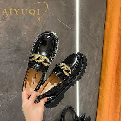 Shoes Spring New Relly Leather Loafers Retro Bite Thicksoled Nonslip Round Toe Shoes