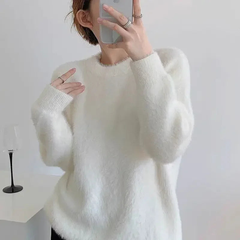 Autumn and Winter New Furry Blue Mink Fur Sweater for Round Neck Simple Loose Knitted Pullovers Tops
