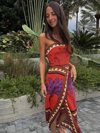 Summer Printed Tube Dress Strapless Slim Fit Midi Dresses Female Hem Slit Beach Dress