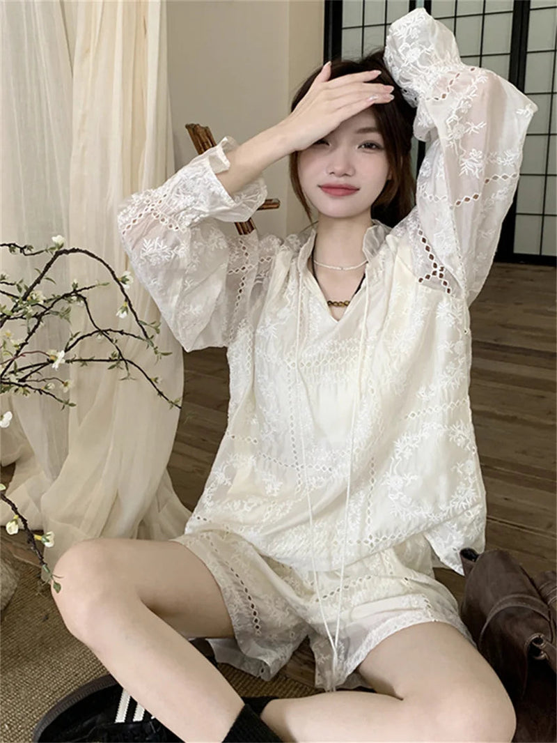 White Suits Hollow Out Flare Full Sleeve Blouses Summer Office Wear Sweet New Ol Wide Leg Loose Shorts
