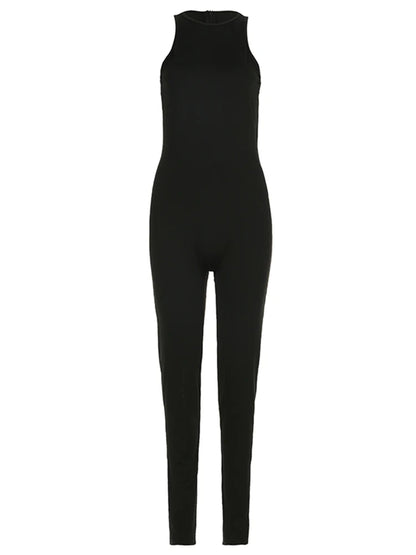 Black Sleeveless Skinny Vest Jumpsuits for Gray O Neck Simple Basic Summer Sports Overalls