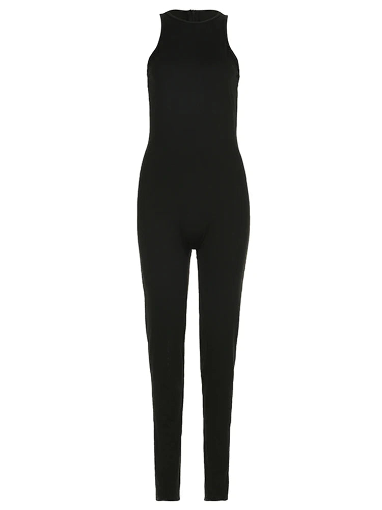 Black Sleeveless Skinny Vest Jumpsuits for Gray O Neck Simple Basic Summer Sports Overalls