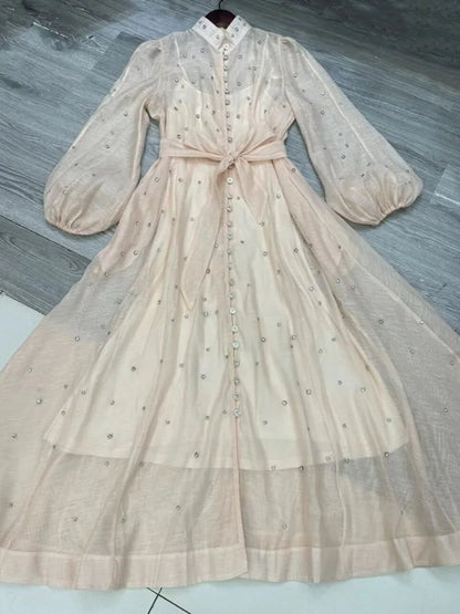 Long Dress British Style Beading Single Breasted Design Gentle Temperament Dresses Spring Autumn