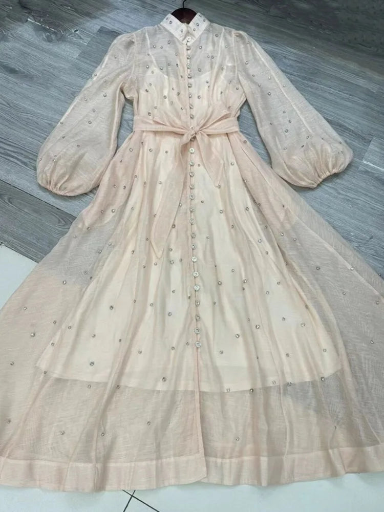 Long Dress British Style Beading Single Breasted Design Gentle Temperament Dresses Spring Autumn