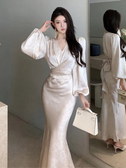 Bodycon Printed Midi Dresses for V-neck Lantern Sleeve Slim Waist Mermaid Evening Party Dress Autumn New Vestidos