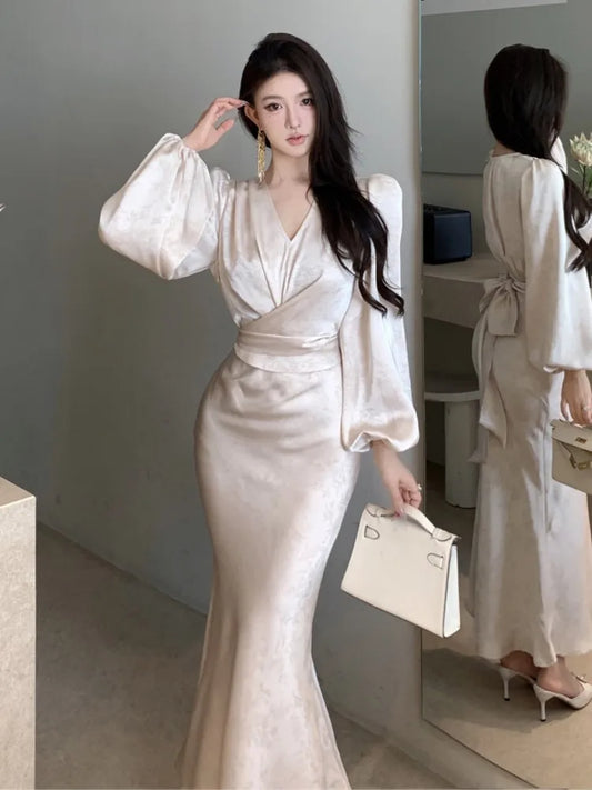 Bodycon Printed Midi Dresses for V-neck Lantern Sleeve Slim Waist Mermaid Evening Party Dress Autumn New Vestidos