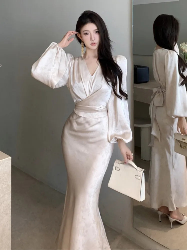 Bodycon Printed Midi Dresses for V-neck Lantern Sleeve Slim Waist Mermaid Evening Party Dress Autumn New Vestidos