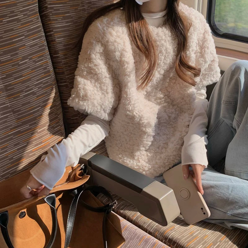 Lamb Wool Vest Coats Korean Short Sleeve Fluffy Jackets Fall Winter O Neck Pullover Furry Outerwear New