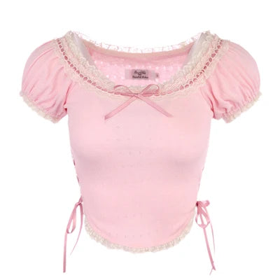 Sweet Lace Shirts Korean Pure Color Kawaii Blouse Female Summer Short Sleeve Crop Top Slim T2255