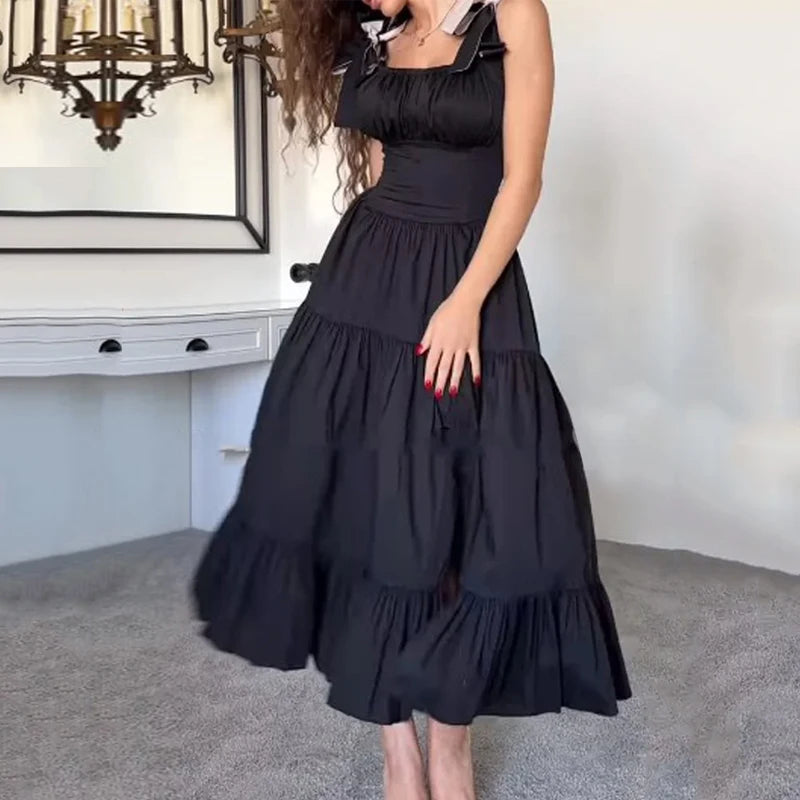 Dresses Summer Square Neck Bow Strap Sleeveless Black Pleated Party Long Dress