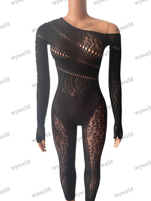 Long Sleeved Mesh Hollow Out Patch Jumpsuit Fall New Elastic Tight Fitting Female Street Club Clothing