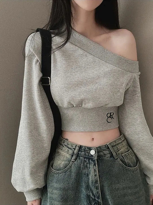 ��s Top Tees Long Sleeve Simple Skew Collar One-shoulder Comfortable Blouses Causal