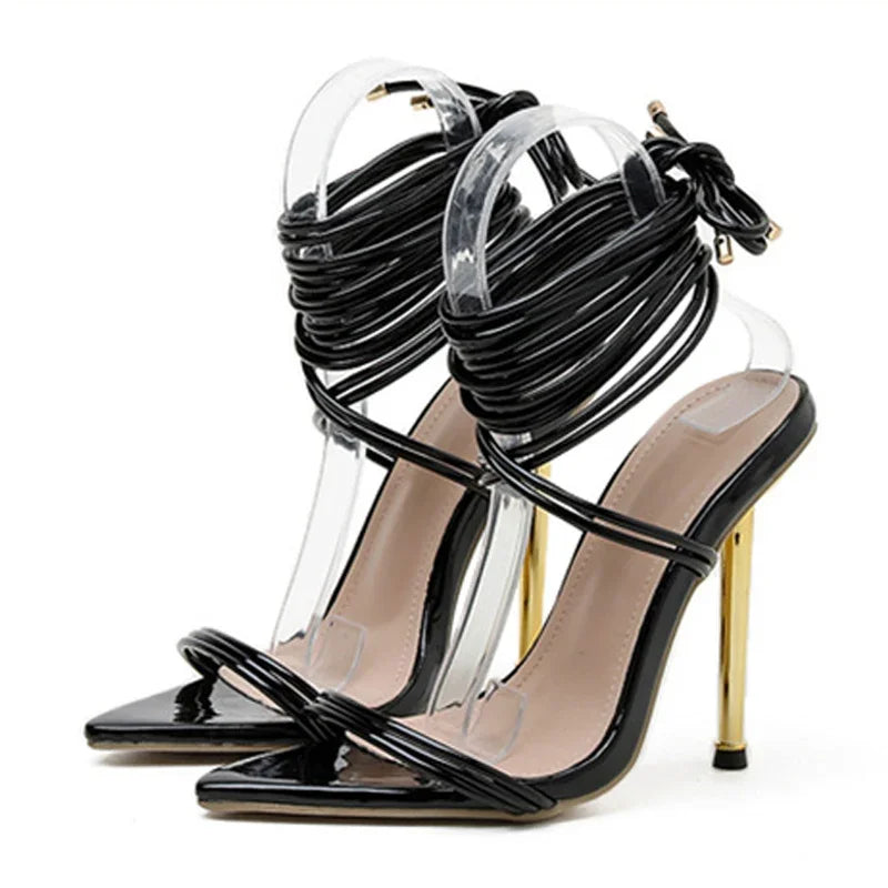 Summer 12cm Gladiator Heels Sandals for Pointed Open Toe Laceup Stiletto Strappy Wedding Shoes Black Red