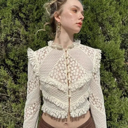 Heavy Industry Embroidered Lace Hook Flower Shirt Female Long Sleeve Blouse Clothing Autumn New Slimming Short Top