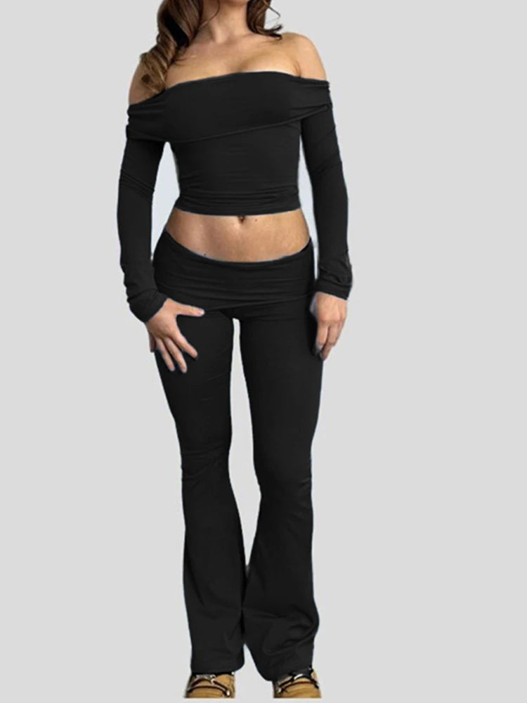 Skinny Ruched Off Shoulder Long Sleeve Tee Shirt and Flared Pants 2 Pieces Sets