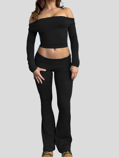 Skinny Ruched Off Shoulder Long Sleeve Tee Shirt and Flared Pants 2 Pieces Sets