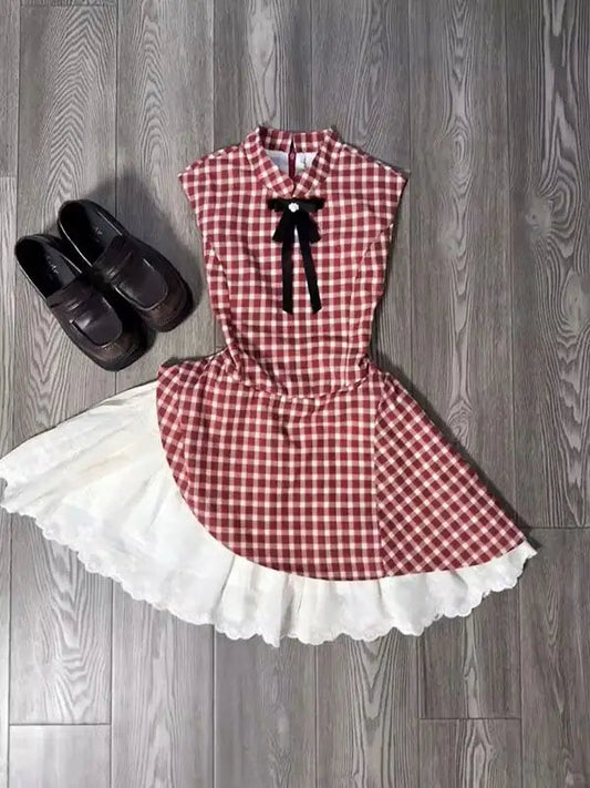 Woman Sweet Sleeveless Y2k Mini Dress Patchwork Japanese Style Red Plaid Dress Party Korean Slim Dress Summer