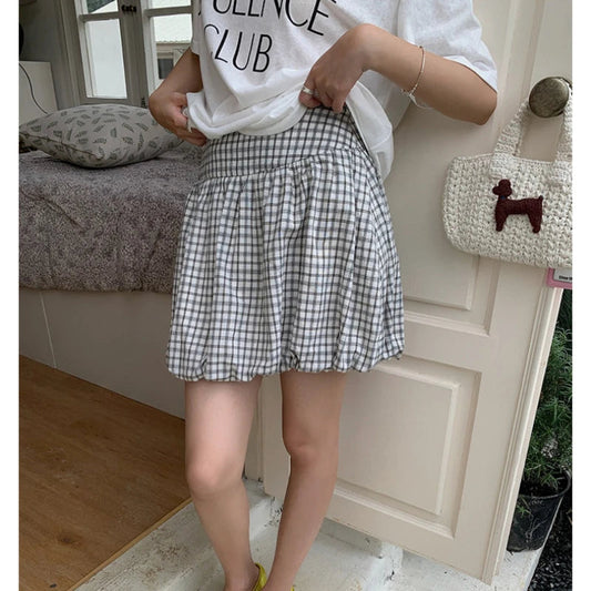 Korean Contrast Color Plaid Sweet Bud Skirt Summer New High Waist Loose Pleated Mini Skirt