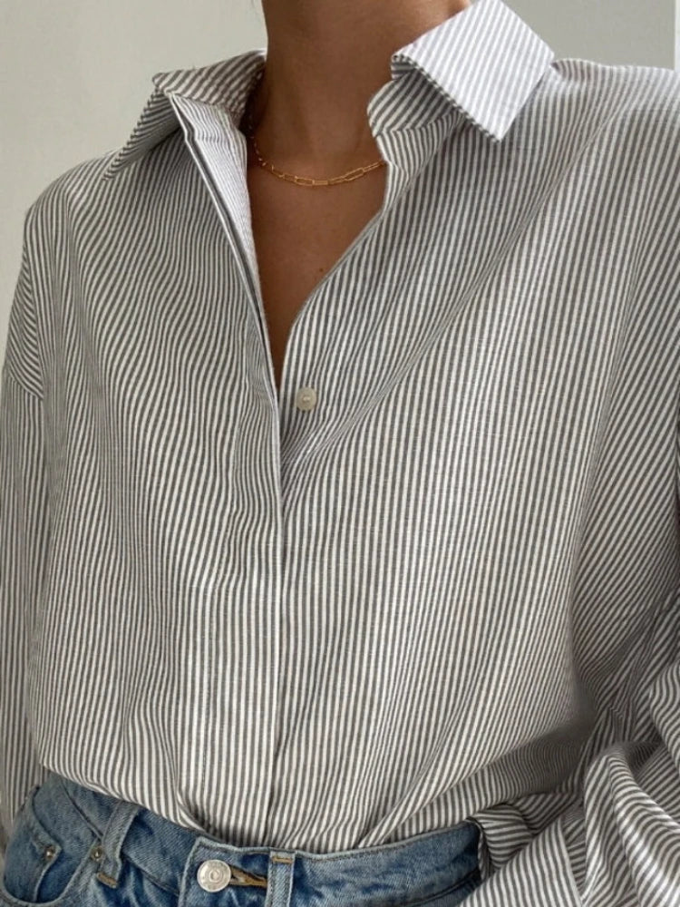 Autumn Striped Blouses for Basic Turndown Collar Long Sleeve Shirt Female Blouses