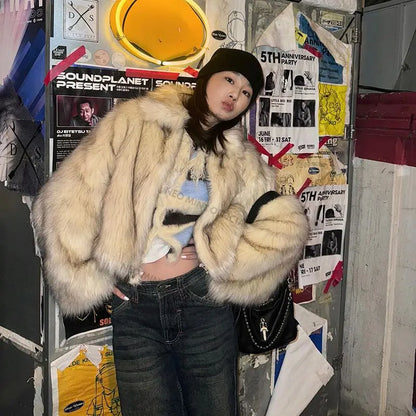 Winter Fluffy Gradient Faux Fur Coat Thicken Warm Fox Fur Jacket Style Furry Fur Overcoat