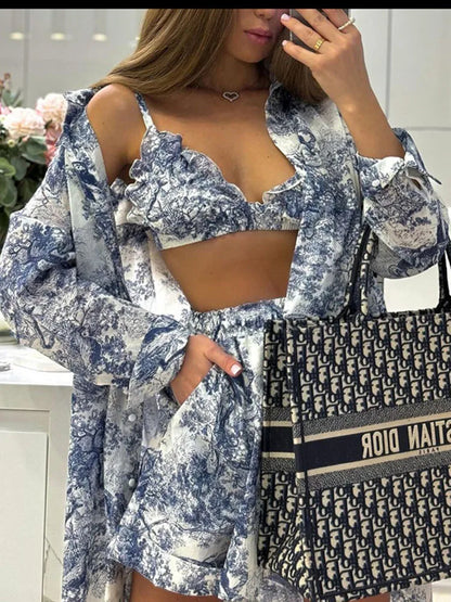 Retro Ink Shirt Three-piece Shorts Suit ’s Summer Long Sleeve Button Print Shirt With Shorts Suit