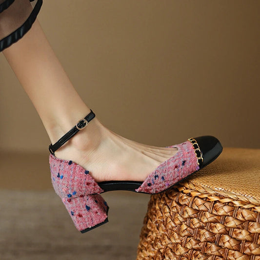 New Summer Sandals Cotton Fabric Shoes for Cover Toe Chunky Shoes Round Toe Cover Heel Sandals Splicing Chain Shoes