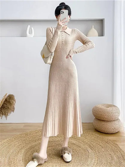 Ribbed Autumn Knit Long Dress for High Waist Long Sleeve Dress Lapel Loose Knitwear Maxi Dress