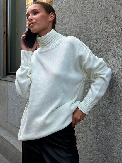 Winter Knit Turtleneck Pullover Female Clothes Loose Ribbed Patchwork Long Sleeve Oversized Sweater Knitwear
