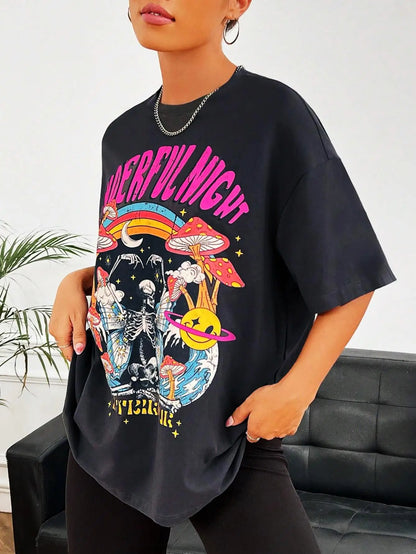 Dancing Skull Printed Female T-shirts Cool Comfortable Tshirts Funny Tee Shirts Hip Hop Oversized Tops