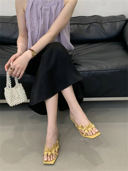 Designer Yellow Silk Flowers Narrow Band Square Toe Mules Low Thin Heels Slippers Gladiator Sandals Summer Shoes