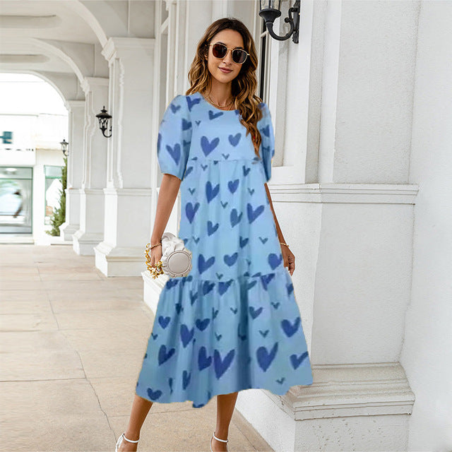 Summer New ’s Print Dress Puff Short Sleeves Ruffles Loose A-line Midi Dresses Beach Vacation Vestidos
