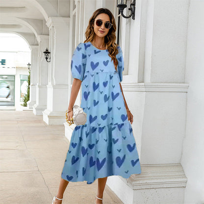 Summer New ’s Print Dress Puff Short Sleeves Ruffles Loose A-line Midi Dresses Beach Vacation Vestidos