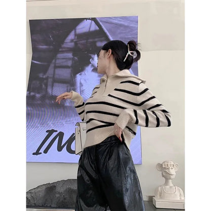 ’s Striped Sweater Zip Thick Fall Loose Turtleneck Knit Jumper Turn-down Collar Oversize Sweaters