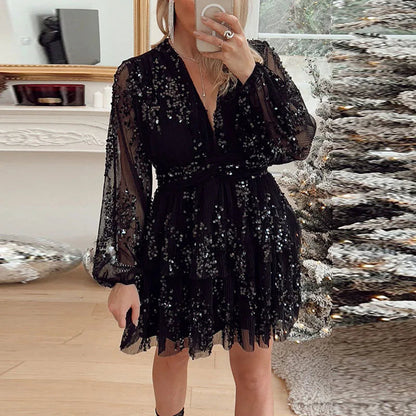 Deep Vneck Layer Christmas Dress Spring Glitter Sequins Shiny Party Dress Autumn Long Sleeve Tunic Aline Mini Dress