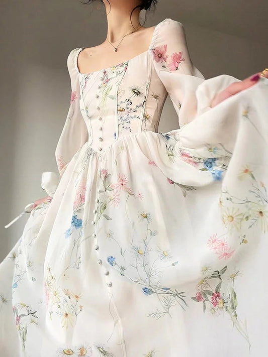 French Print Dress Square Collar Spring Summer Long Sleeve Dress for Sweet Leisure Midi Dress