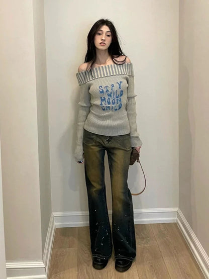Y2k Off Shoulder Sweater Letter Graphic Korean Tops Gothic Grunge Long Sleeve Slim Knitwear Winter Clothes