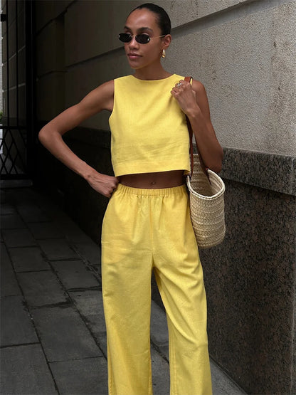 Summer 2 Piece-set ’s Pants Sleeveless Cropped Vest Top and Wide Leg Trousers Sets Female Outfits Trousers