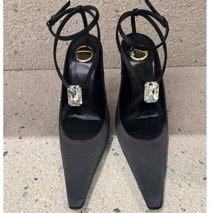 Diamond Silk Thin High Heels Crossstrap Banquet Dress Shoes Female Crystal Brand Pointed Toe Sandals