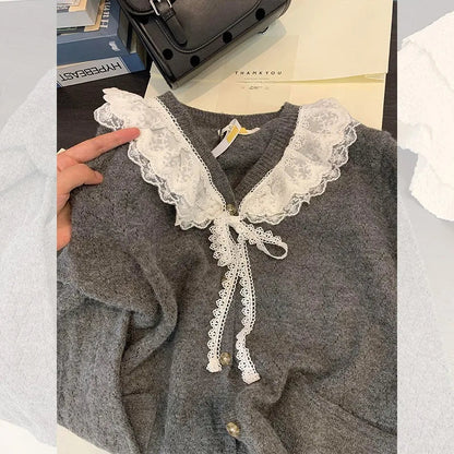 Sweet Kawaii Sweater Gray Lace Doll Neck Knit Cardigan Clothing Autumnwinter Soft Lazy Vneck Coat