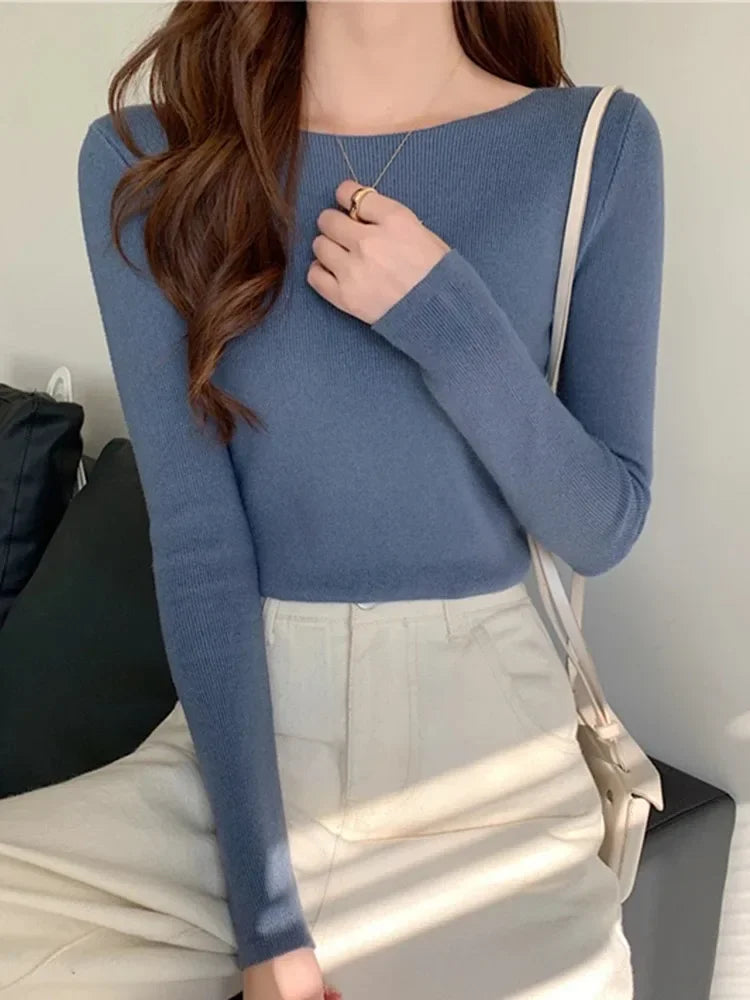 Ribbed Sweater Knitted Soft Pullovers Jumpers Basic Soft Long Sleeve Sweaters for Autumn Winter Tops