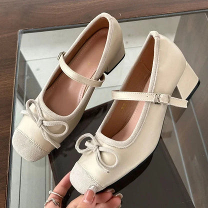 Chunky Mary Jane Shoes New Butterflyknot Ballet Shoes Retro High Heels Dress Shoes Zapatos De Mujer