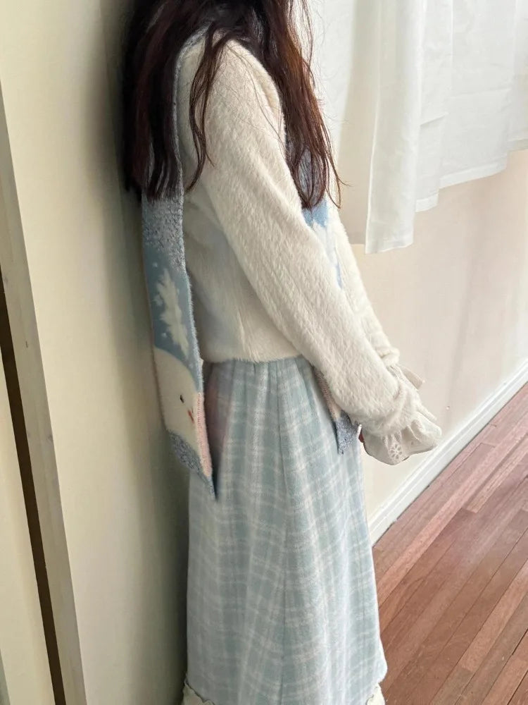 Autumn Winter Y2k Skirts Blue Plaid Woolen Plaid Lace Splicing Skirt High Waist Slimming a Word Long Skirt