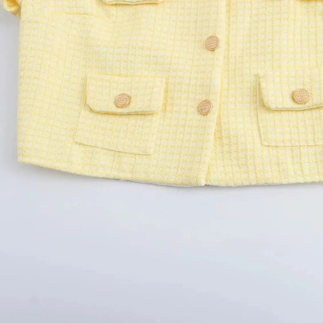 Autumn O Neck Yellow Plaid Tweed Coat Cropped Front Pockets Gold Buttons Short Blazer Jacket