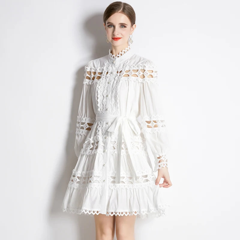 Stand Collar Single Breasted Dresses New Spring Hollow Out Embroidery Lace Trims White Mini Dress