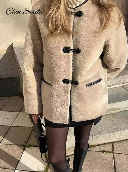 Lambs Wool Jacket for Loose Fleece O-neck Single Breasted Pockets Long Sleeve Fur Coat Autumn Winter Lady Outwear